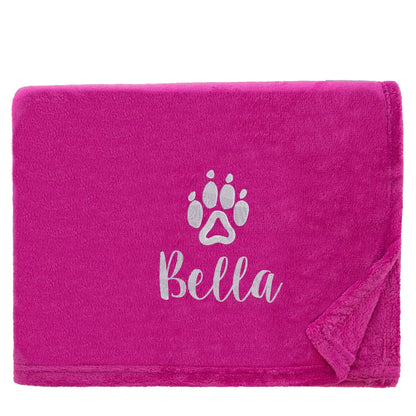 Magenta PInk Dog Blanket with a pawprint and the name Bella
