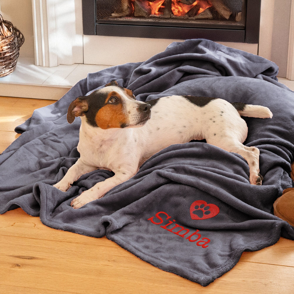 dog lying on a personalised snuggle blanket