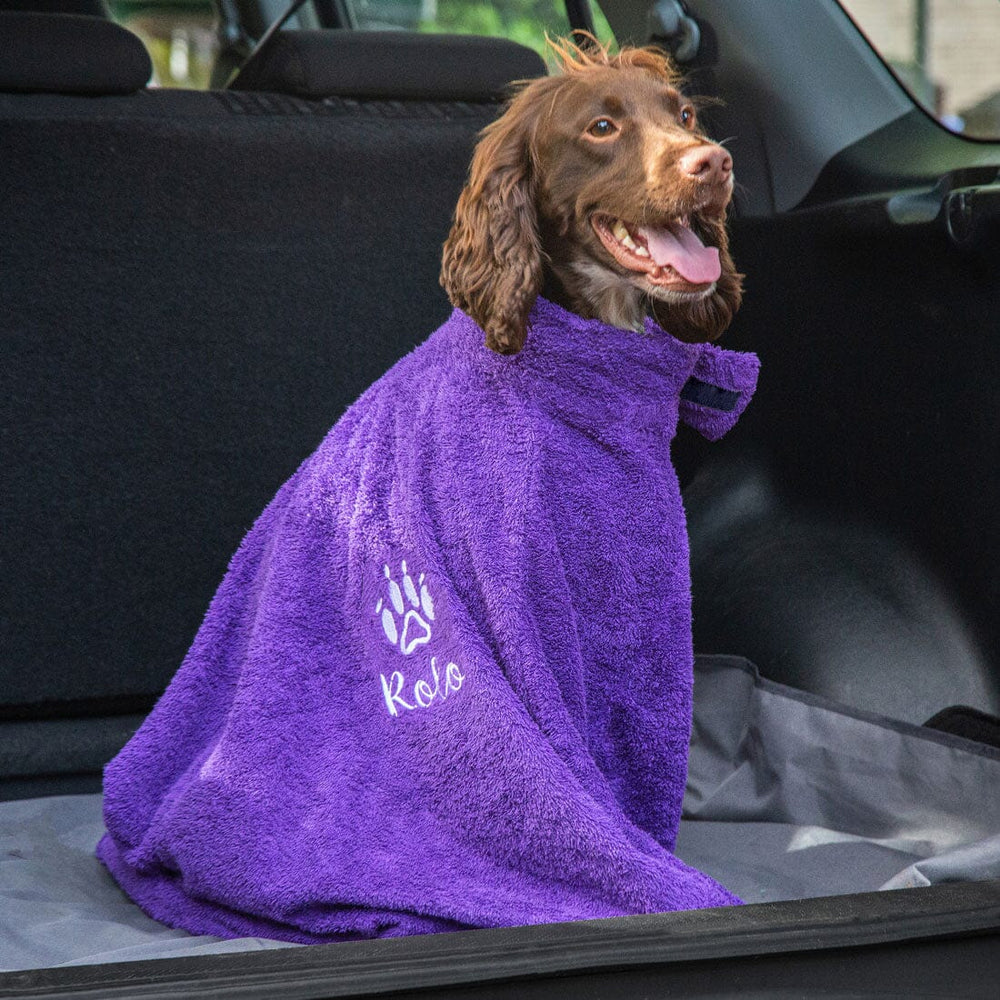 Name on a purple dog towel
