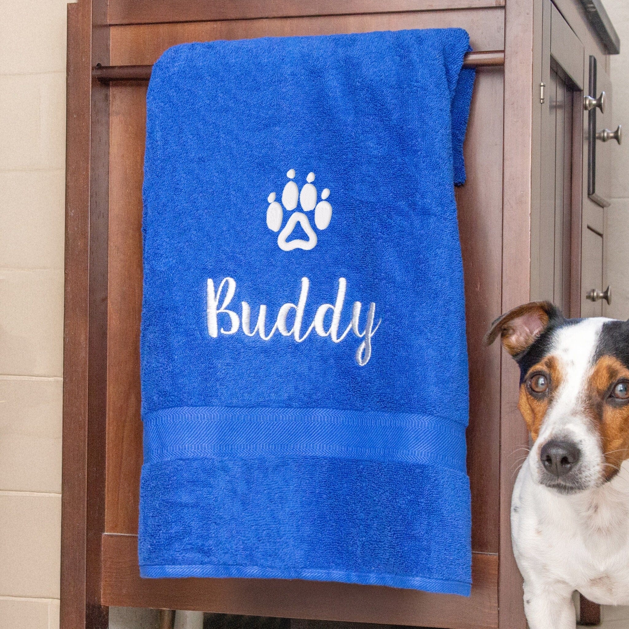 dog name on royal blue towel