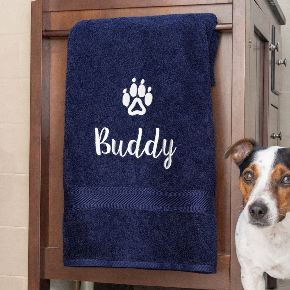 dog name on navy blue towel