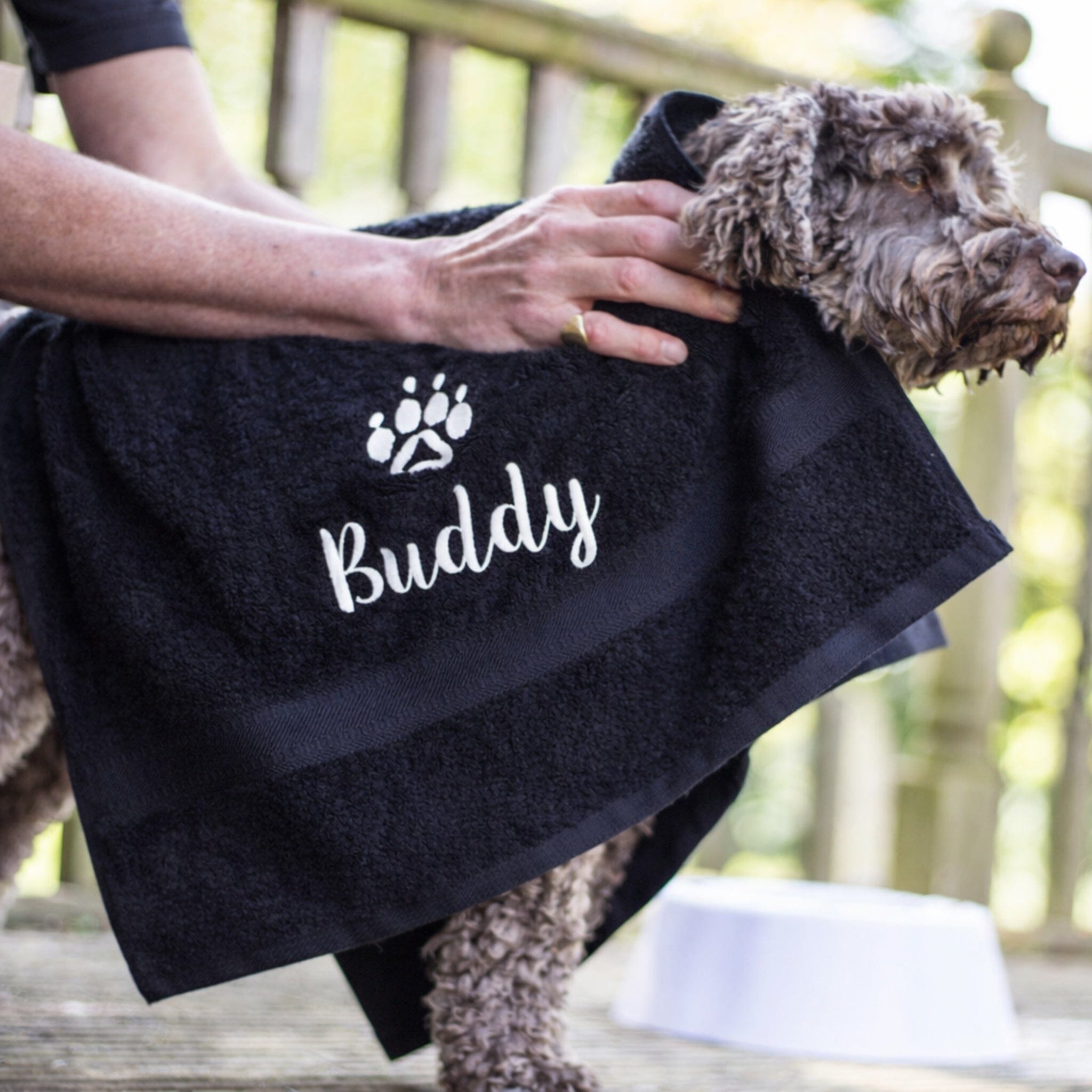 dog name on black towel
