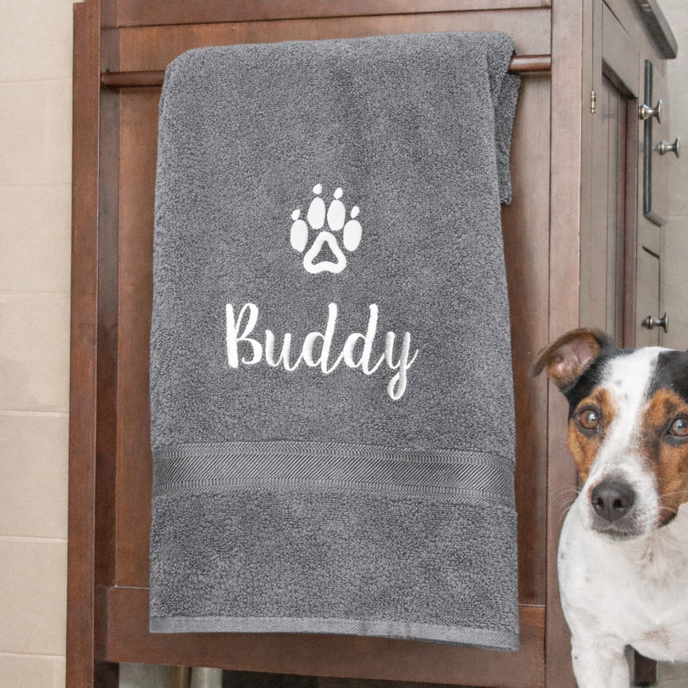 dog name on grey towel