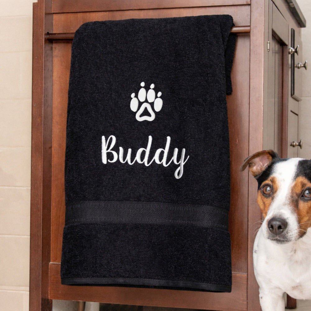 dog name on black towel