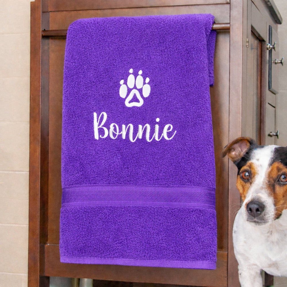 dog name on purple towel