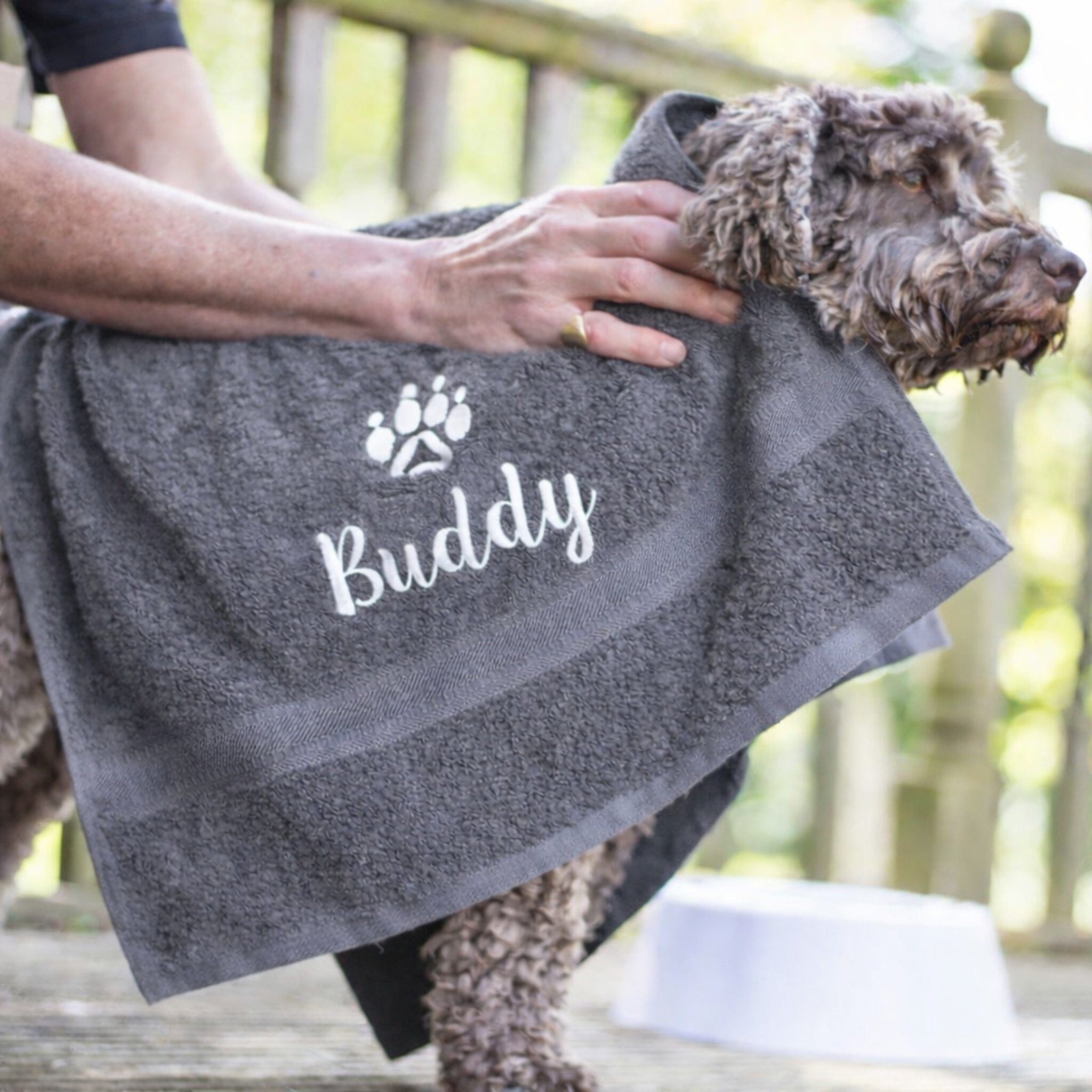dog name on slate grey towel