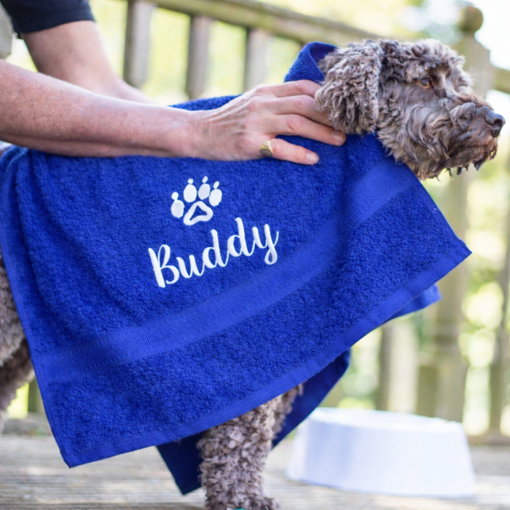 dog name on royal blue towel