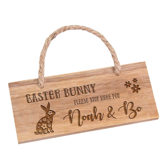 Personalised Easter Bunny Wooden Sign on white backdrop   