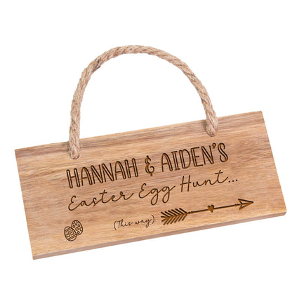 Personalised Easter Egg Hunt Wooden Sign on white backdrop