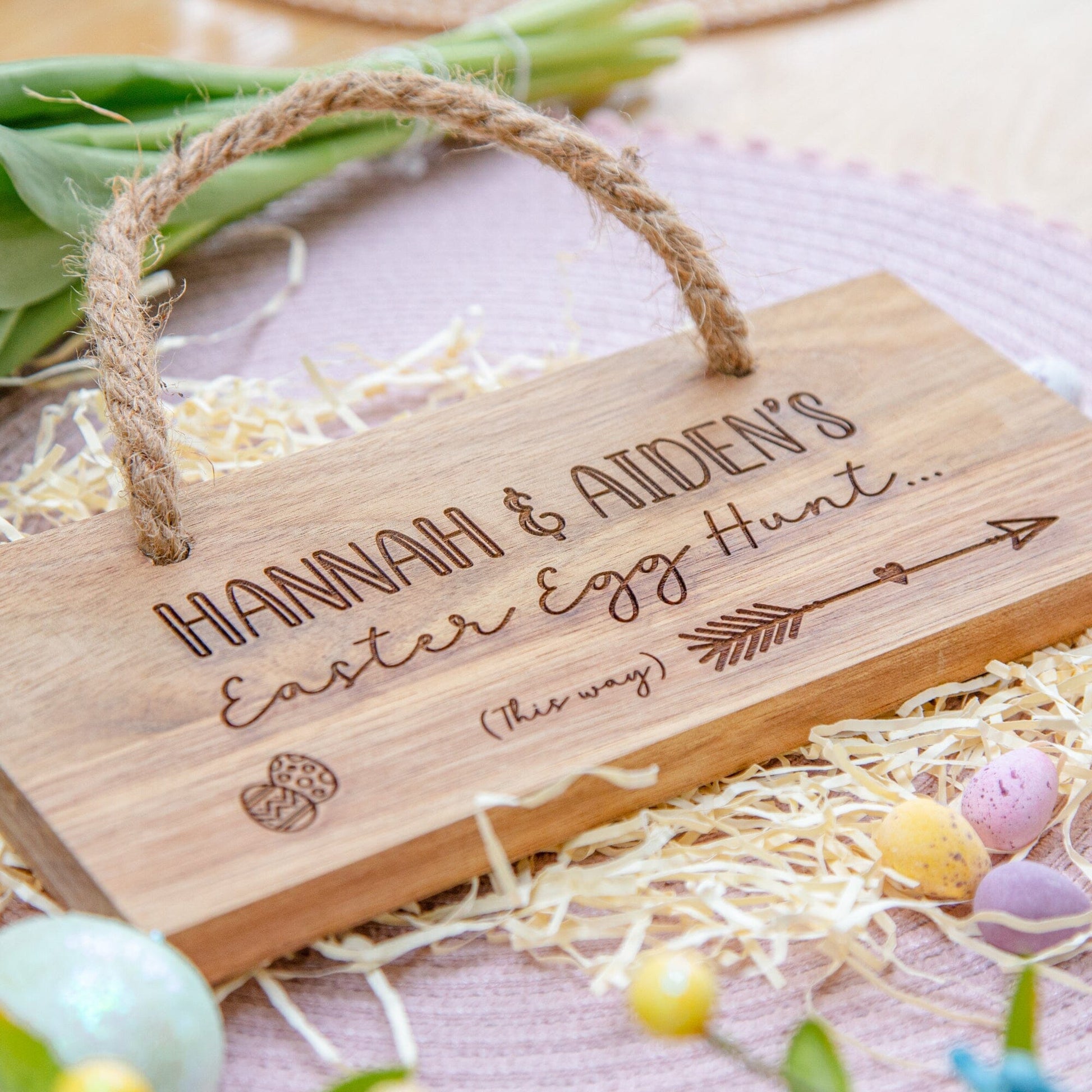 Personalised Easter Egg Hunt Wooden Sign close up