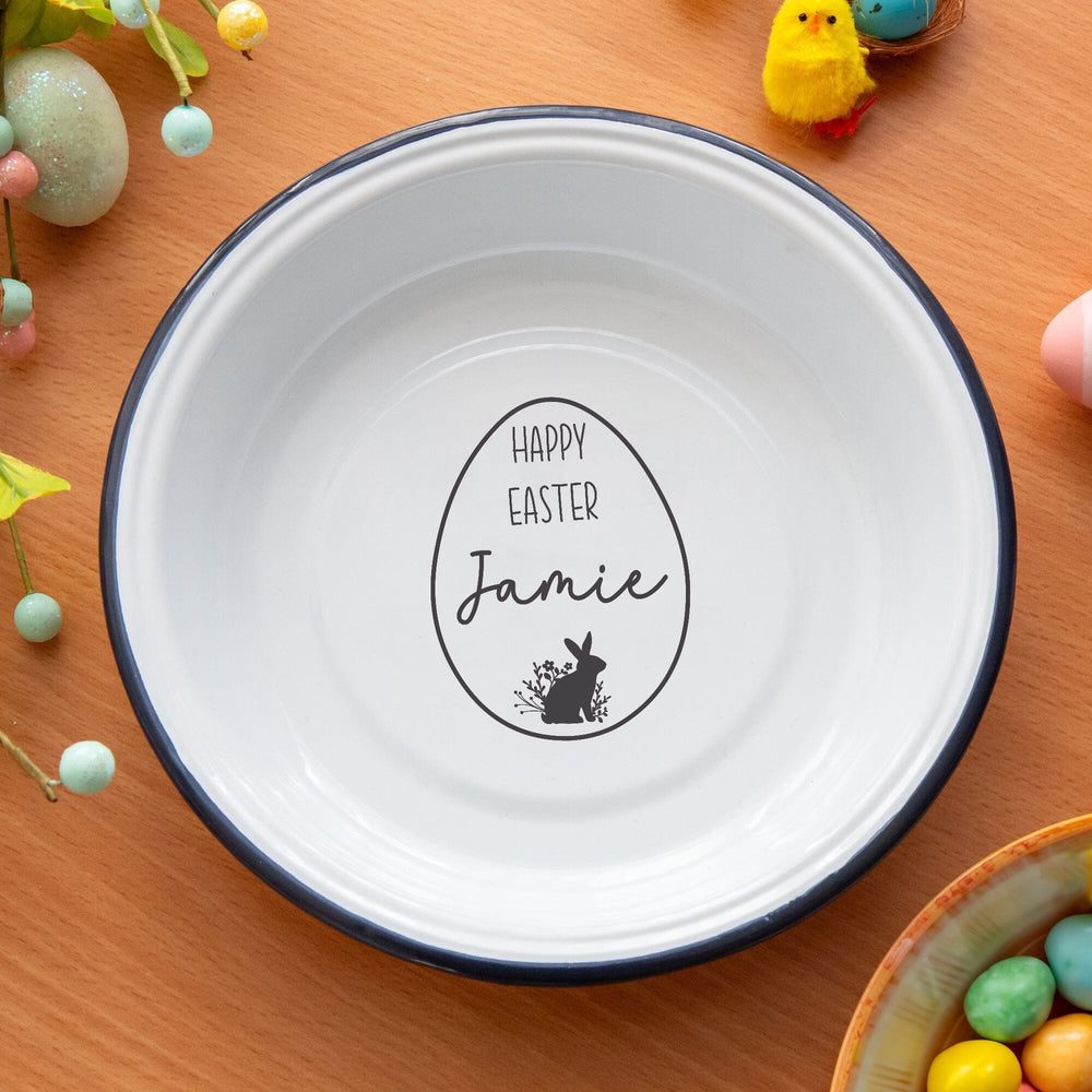 Personalised Easter Enamel Snack Bowl with easter props and treats around