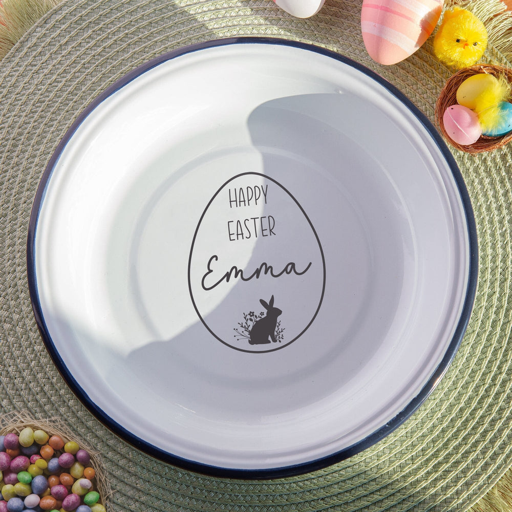 Personalised Easter Enamel Snack Bowl with easter props and treats around