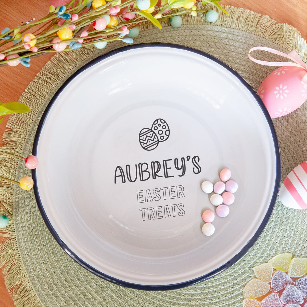 Personalised Easter Treats Enamel Bowl with easter props around