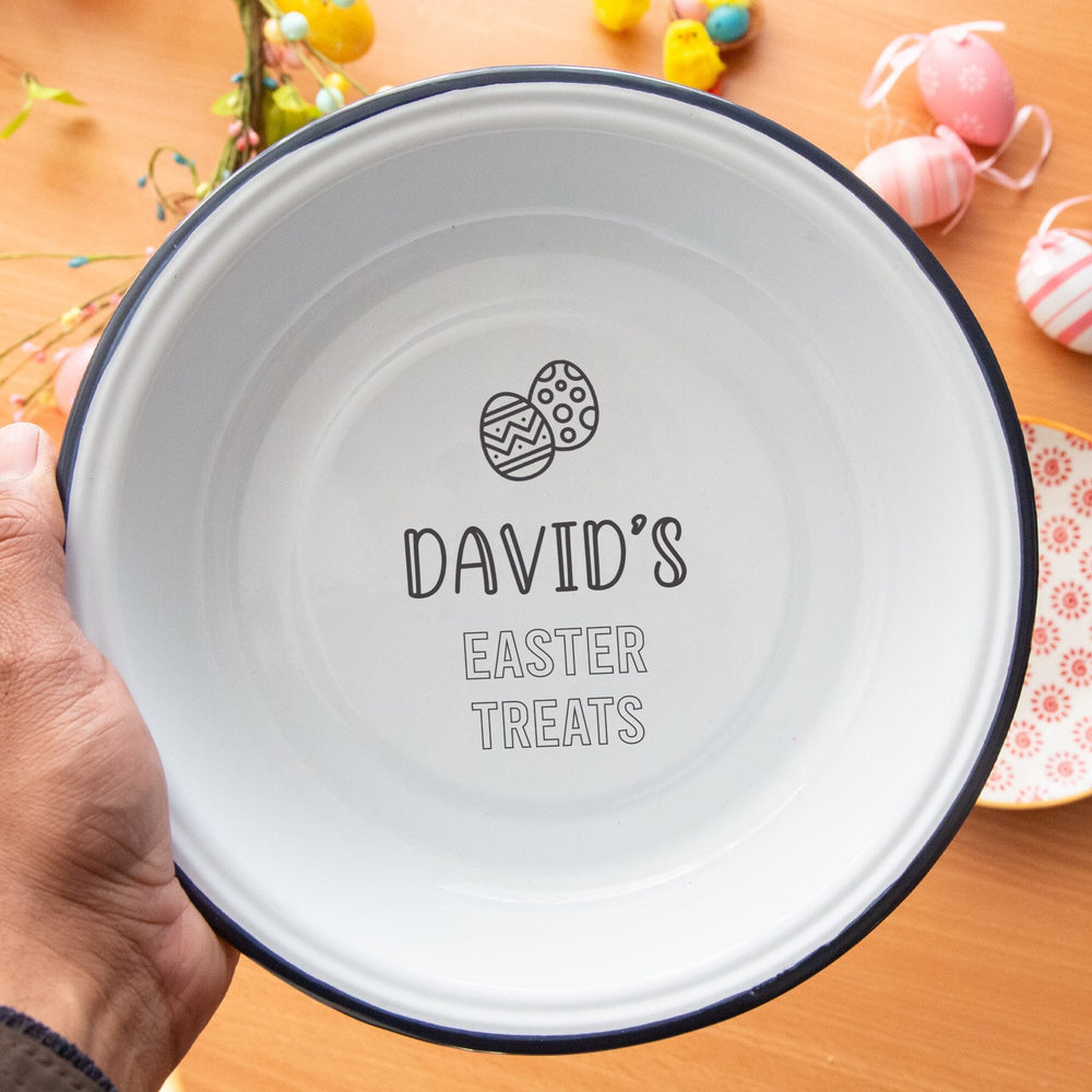 Personalised Easter Treats Enamel Bowl with easter props in the backdrop