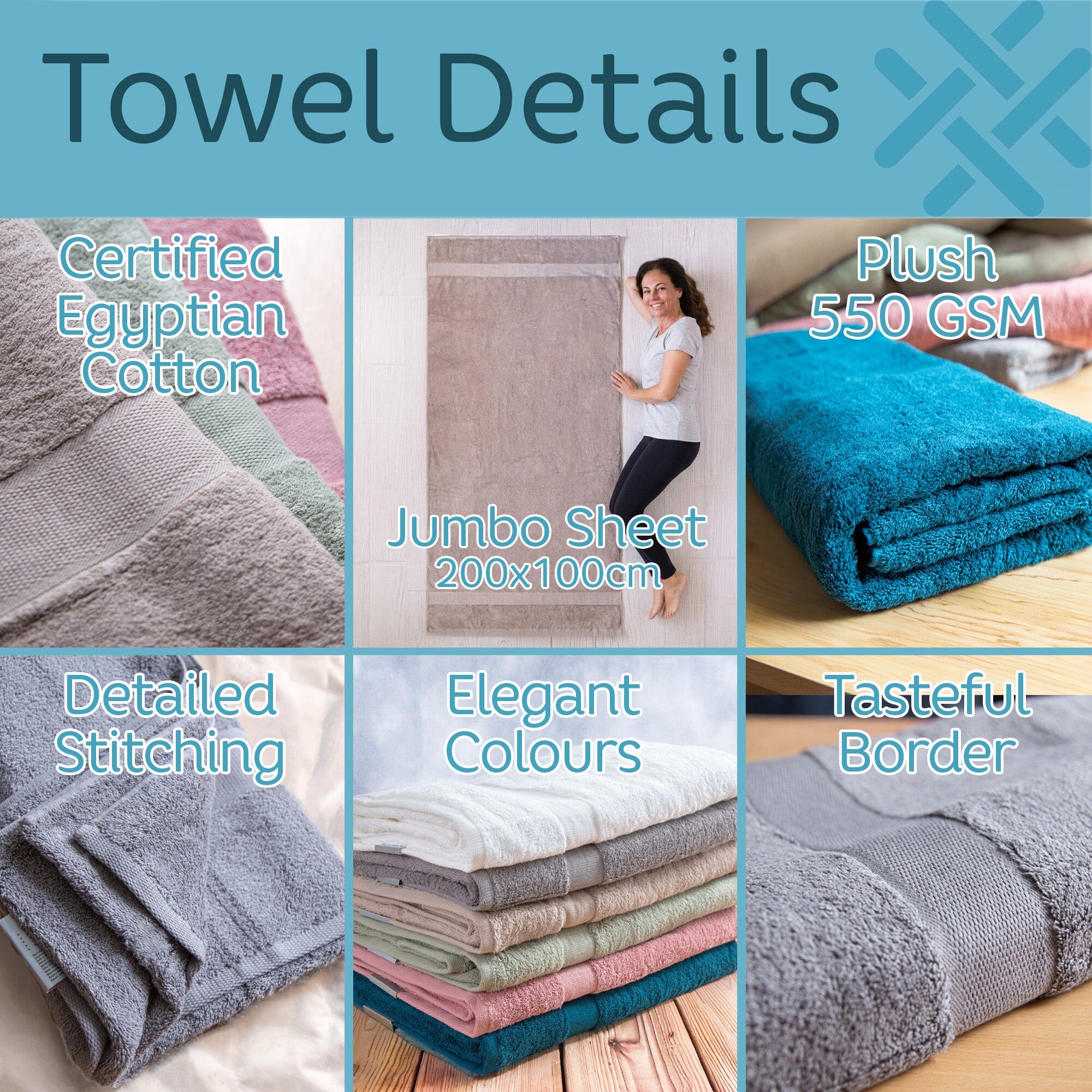 Infographic showing all the key information of the embrace towel range