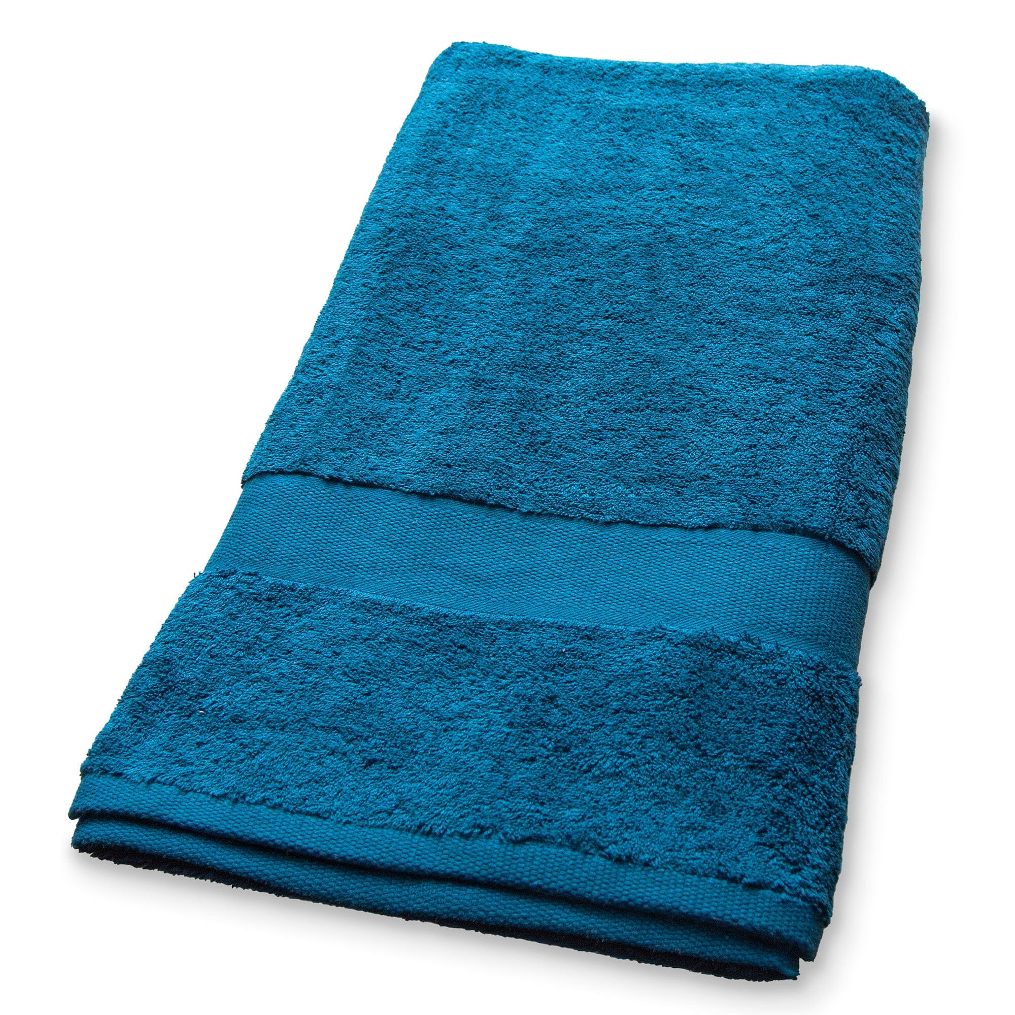Peacock coloured towel on a white background