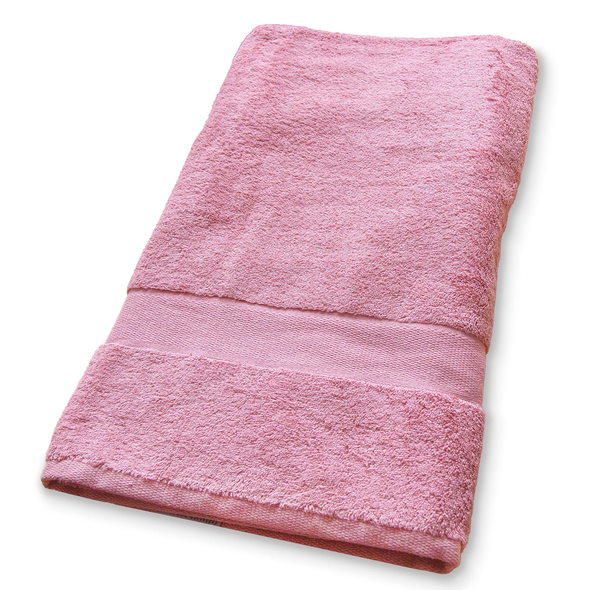 A folded pink cotton towel with a textured terry body and a ribbed band, shown on a plain white background.