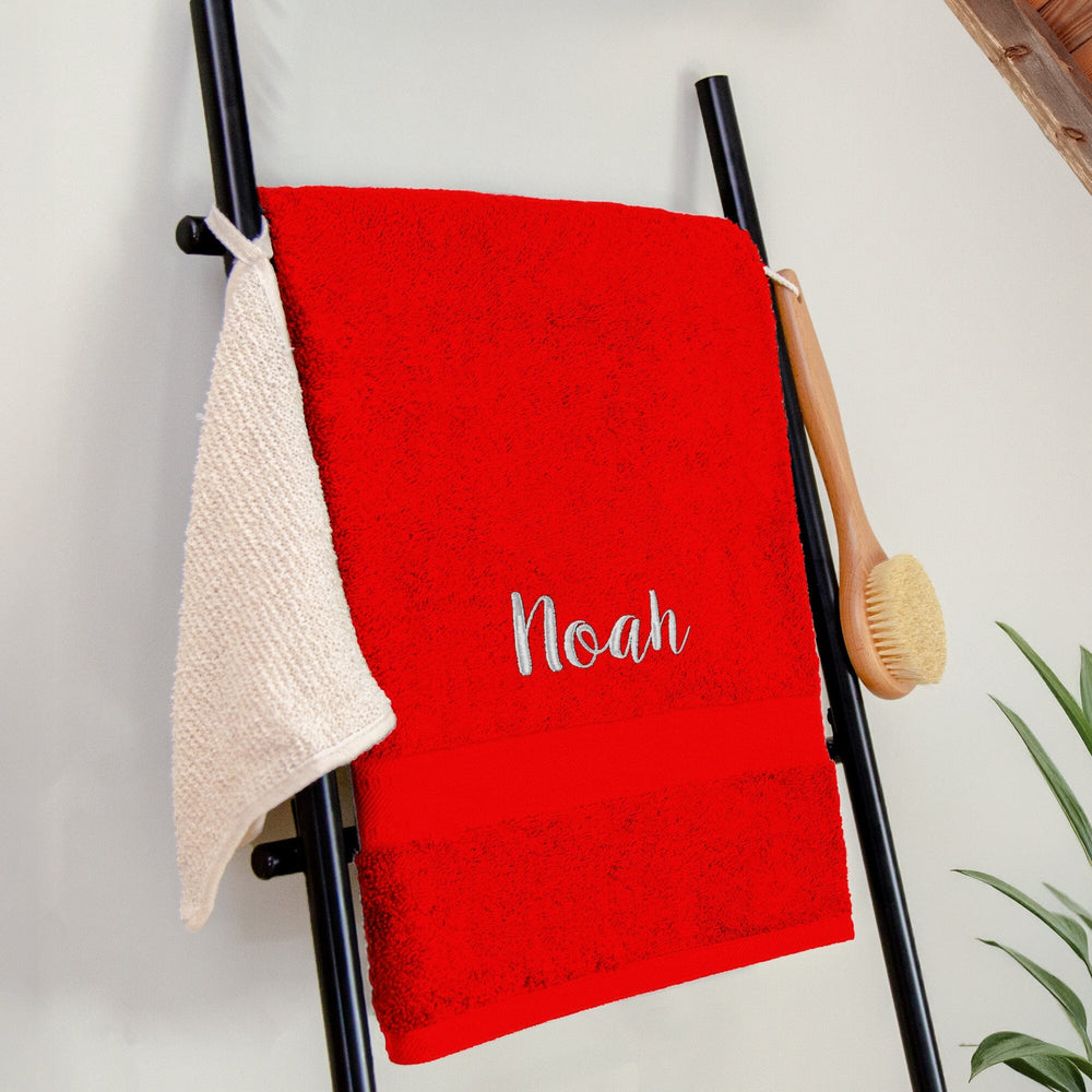 Name on a red bath sheet