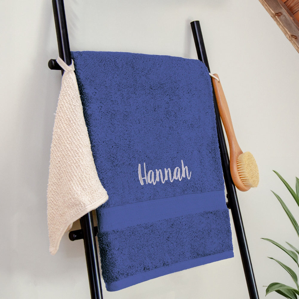 Name on a navy bath sheet