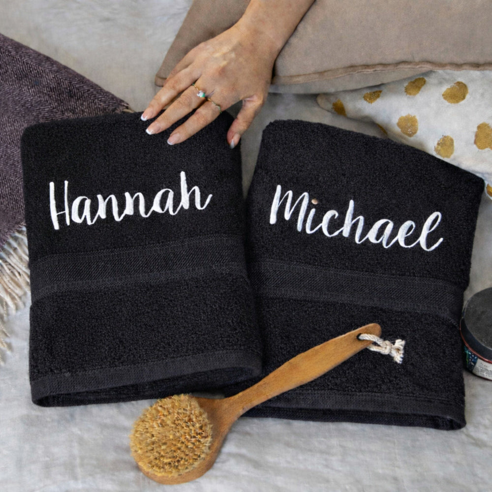 white text on black towels