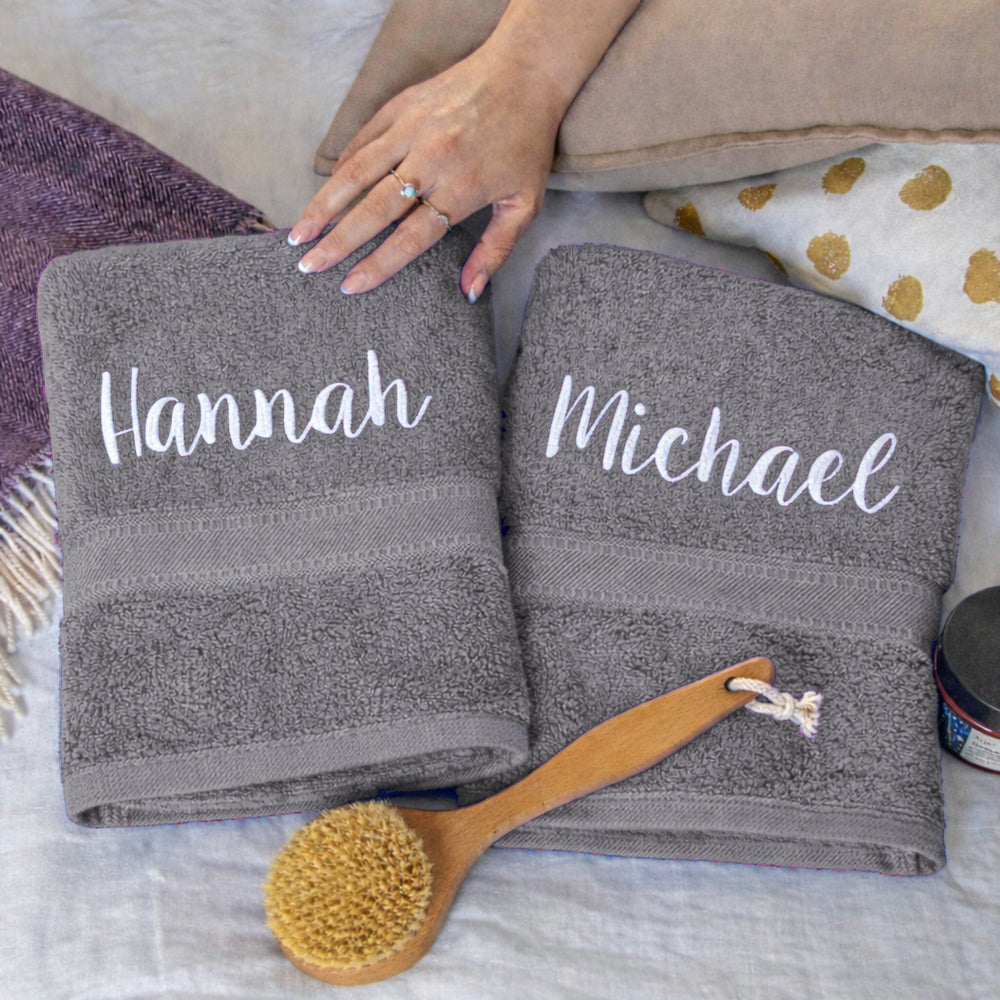 white thread on grey towels