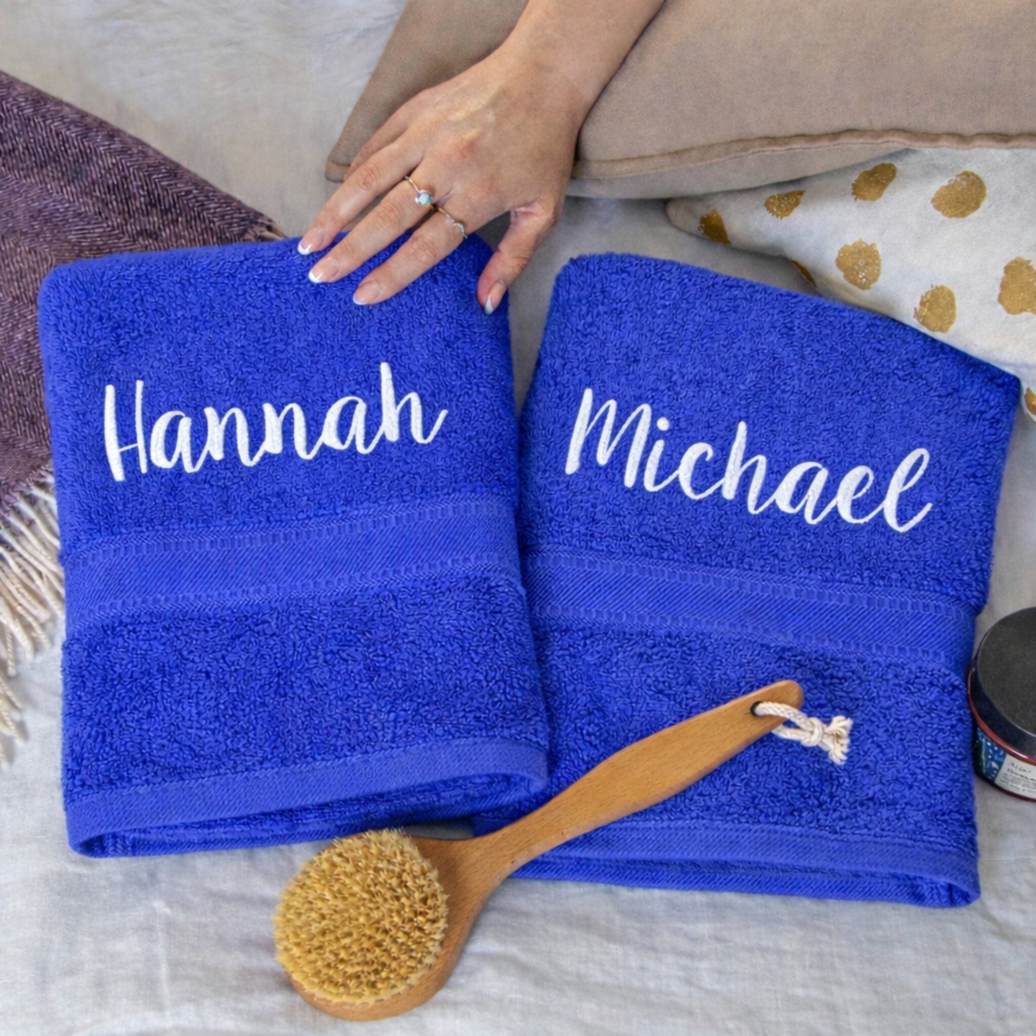 white text on royal blue towels