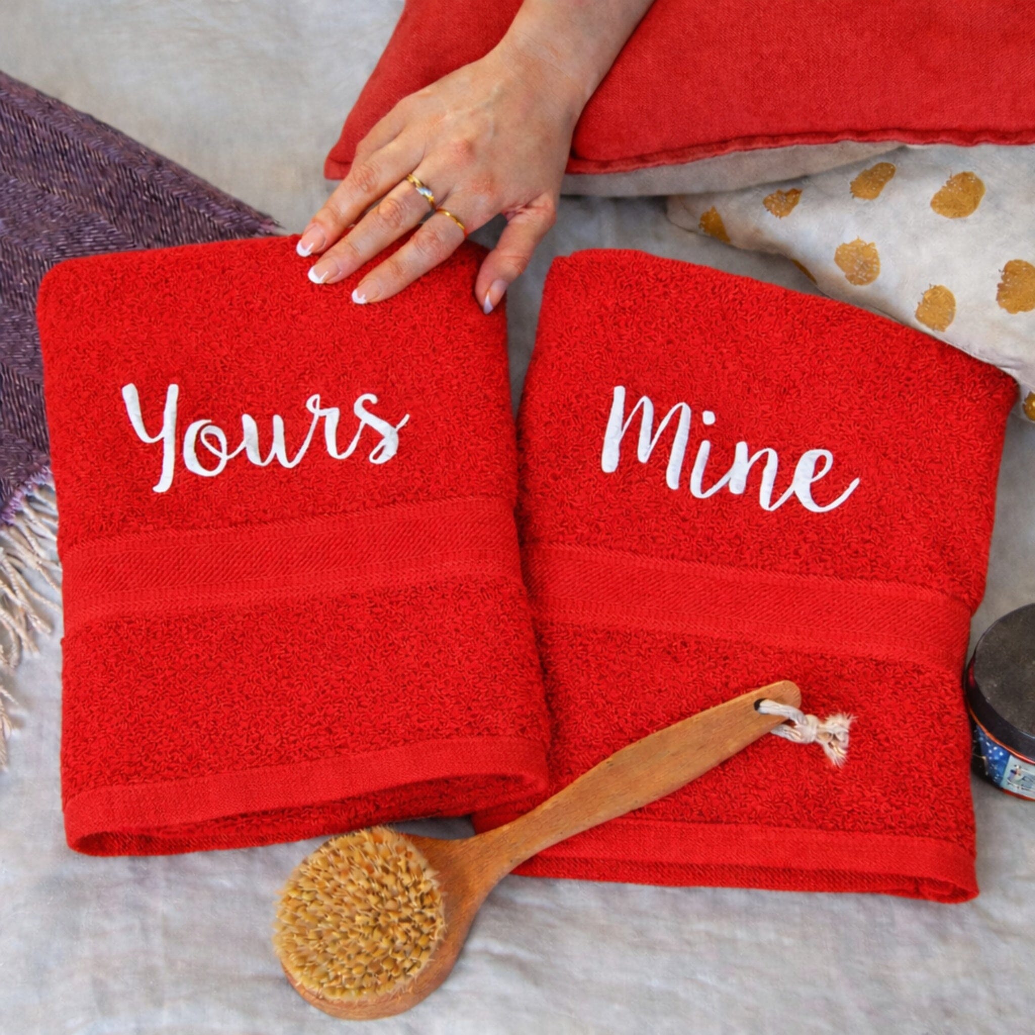 white thread on red towels