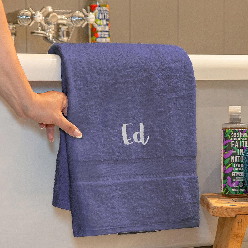 Name on a navy blue bath towel