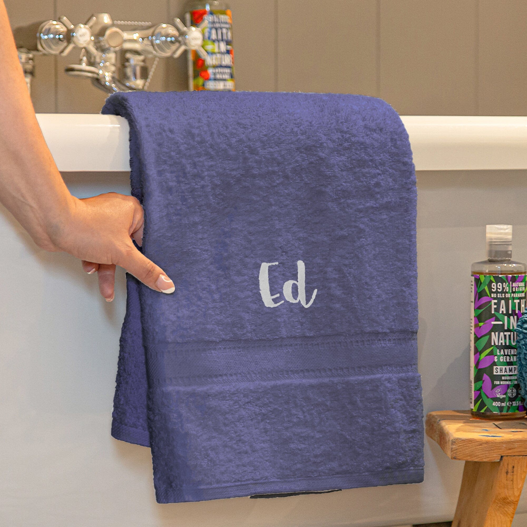 Name on a navy blue bath towel