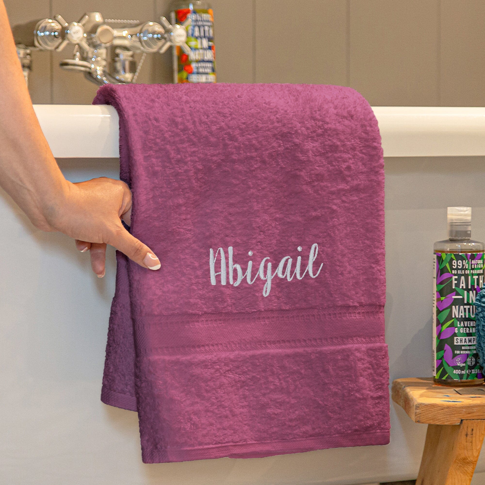 Name on a aubergine bath towel