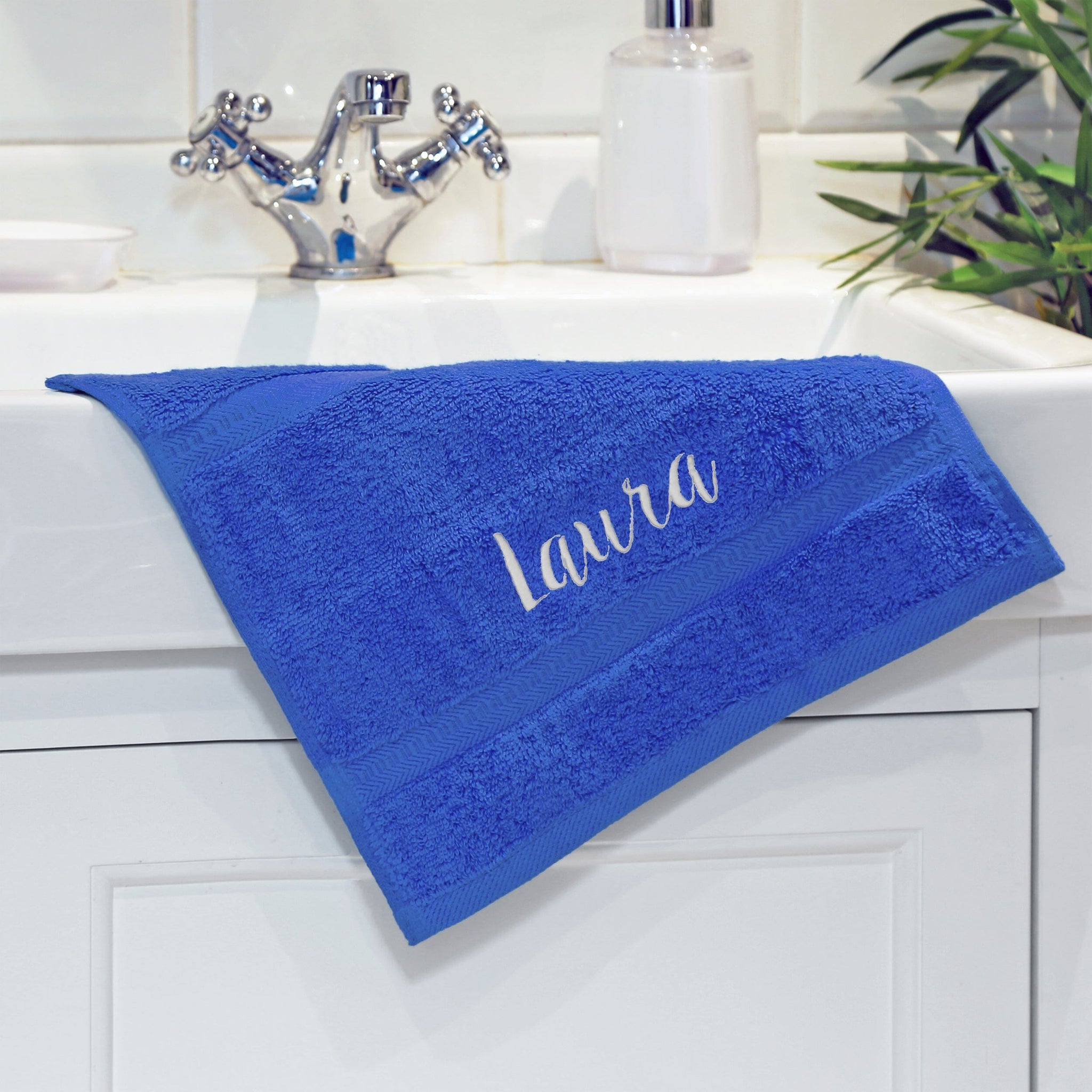 name on royal blue face flannel