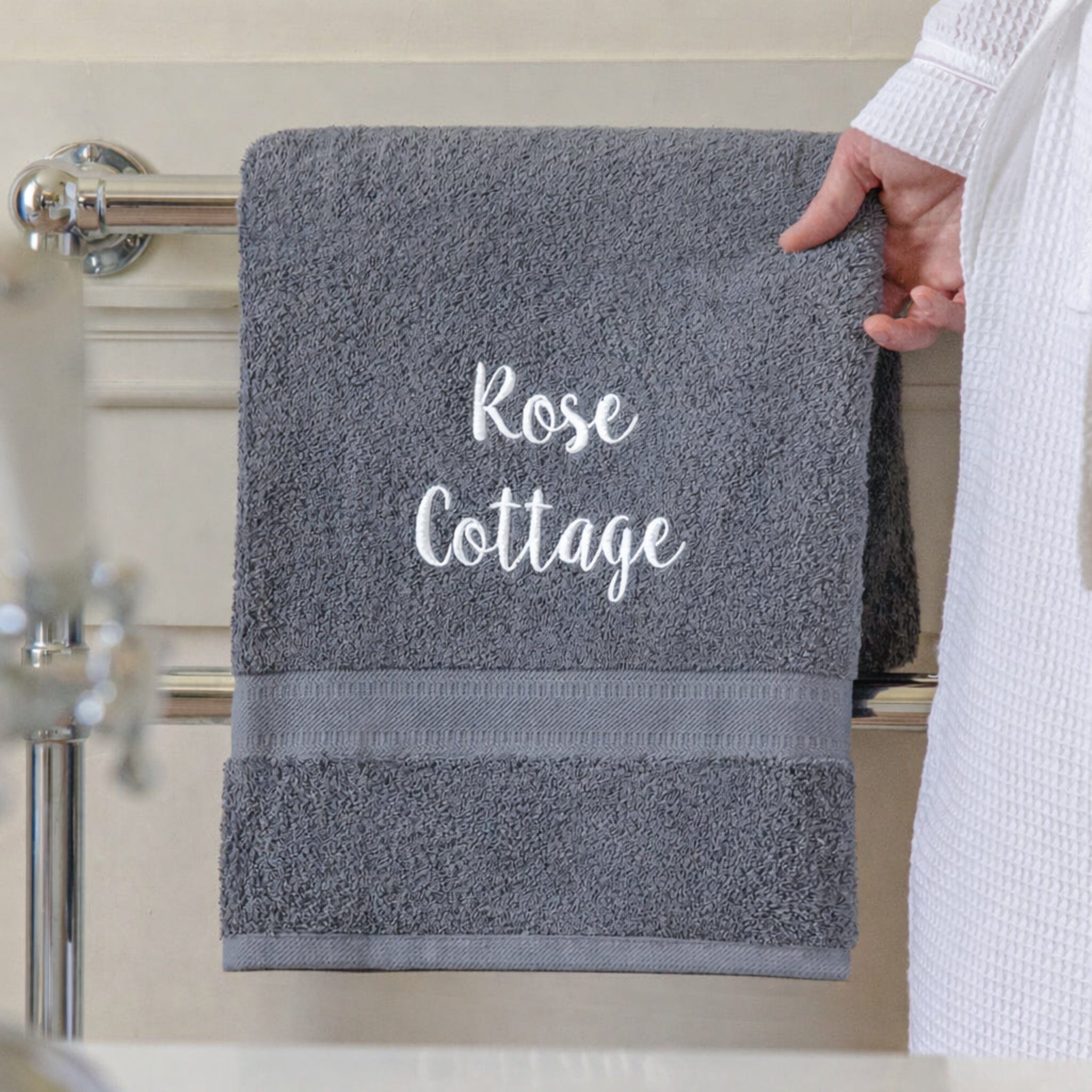 name on slate grey hand towel