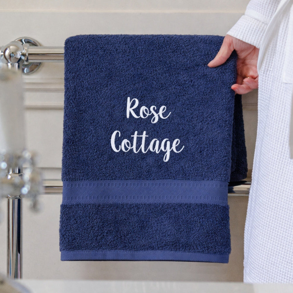 name on navy hand towel