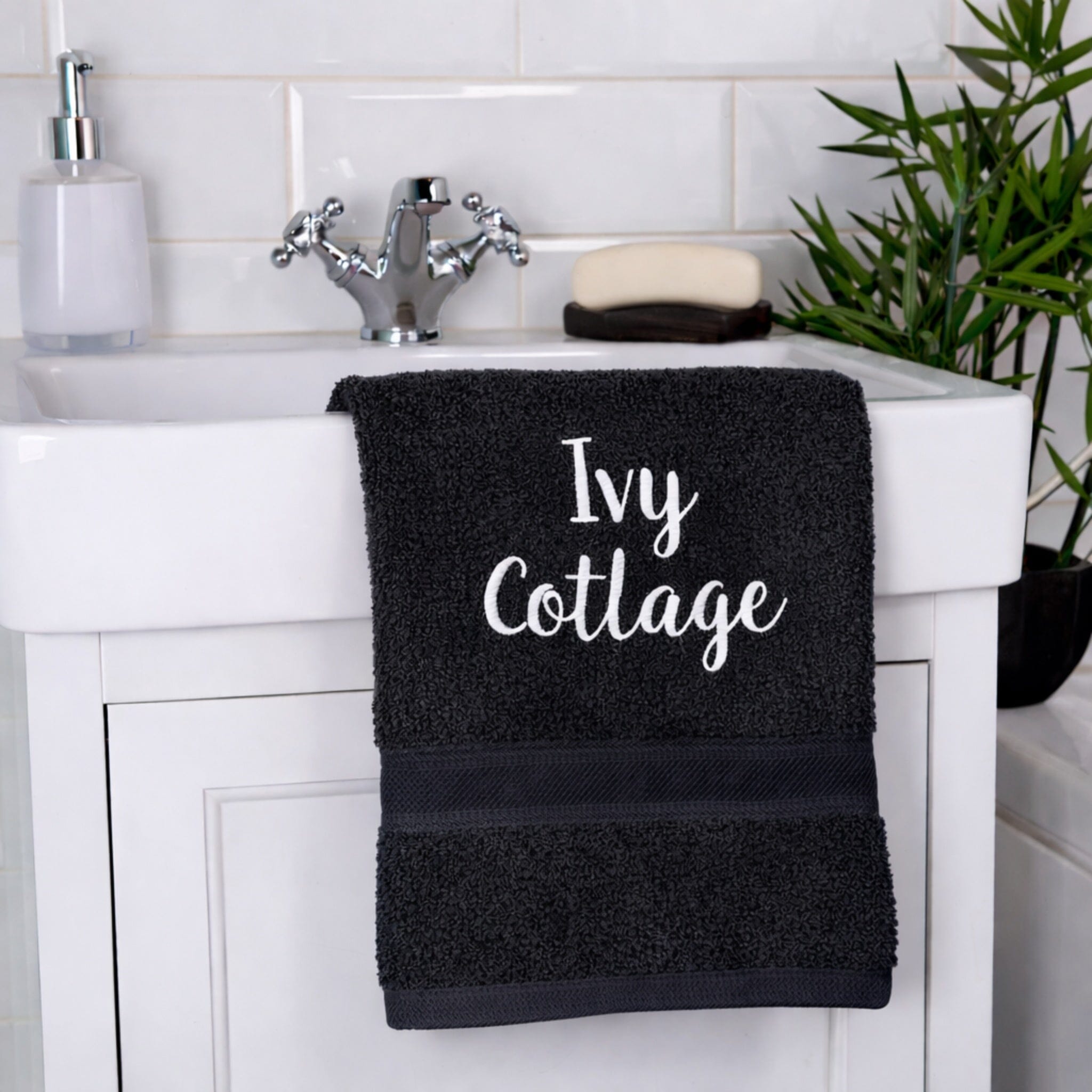 name on black hand towel
