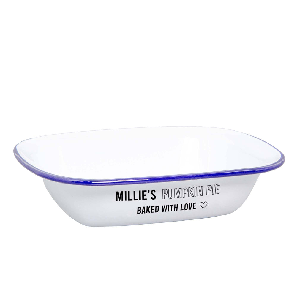 Personalised Enamel Baking Pie Dish on white backdrop