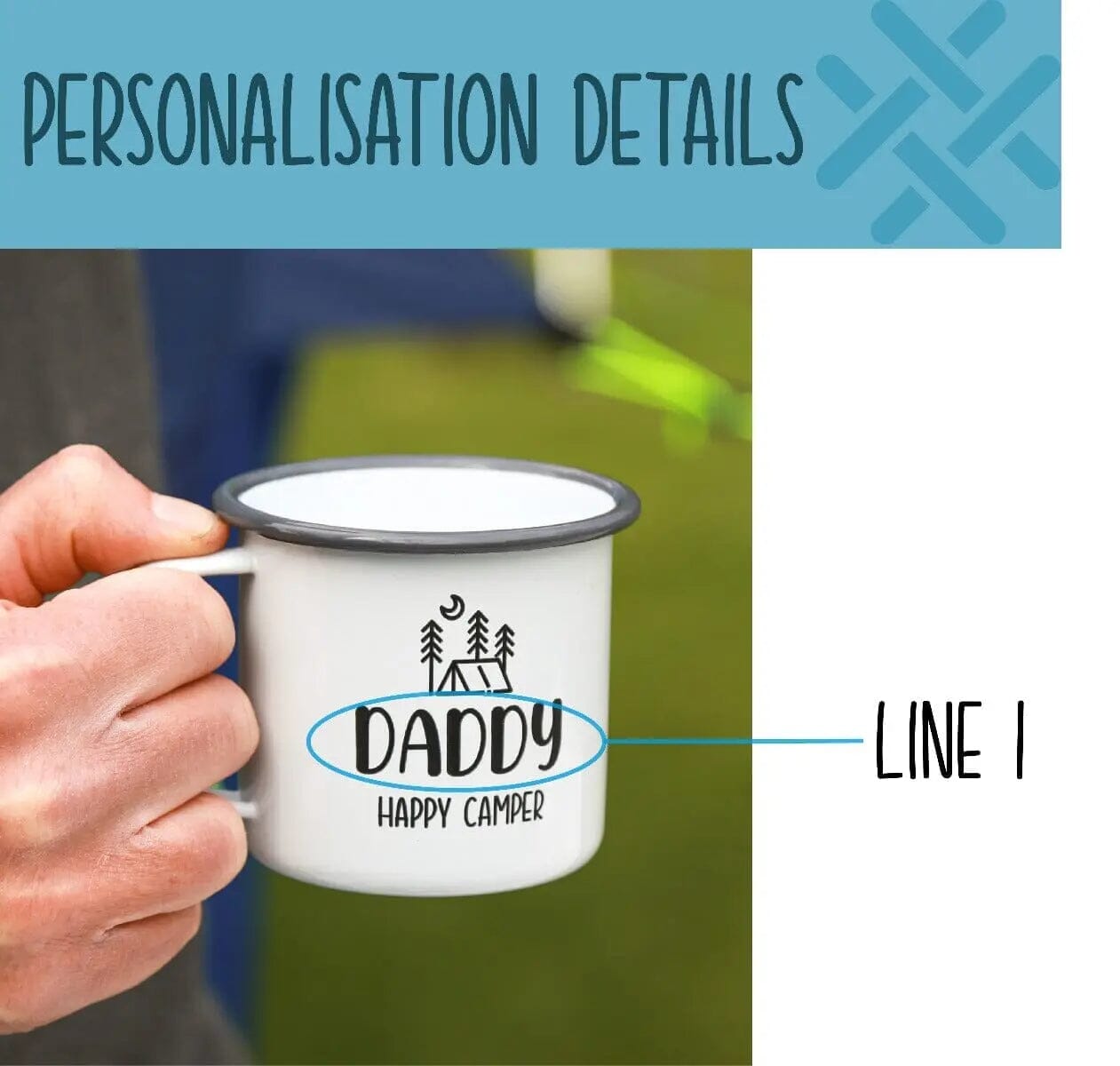 Personalised Happy Camper Enamel Camping Mug - Tent Logo   