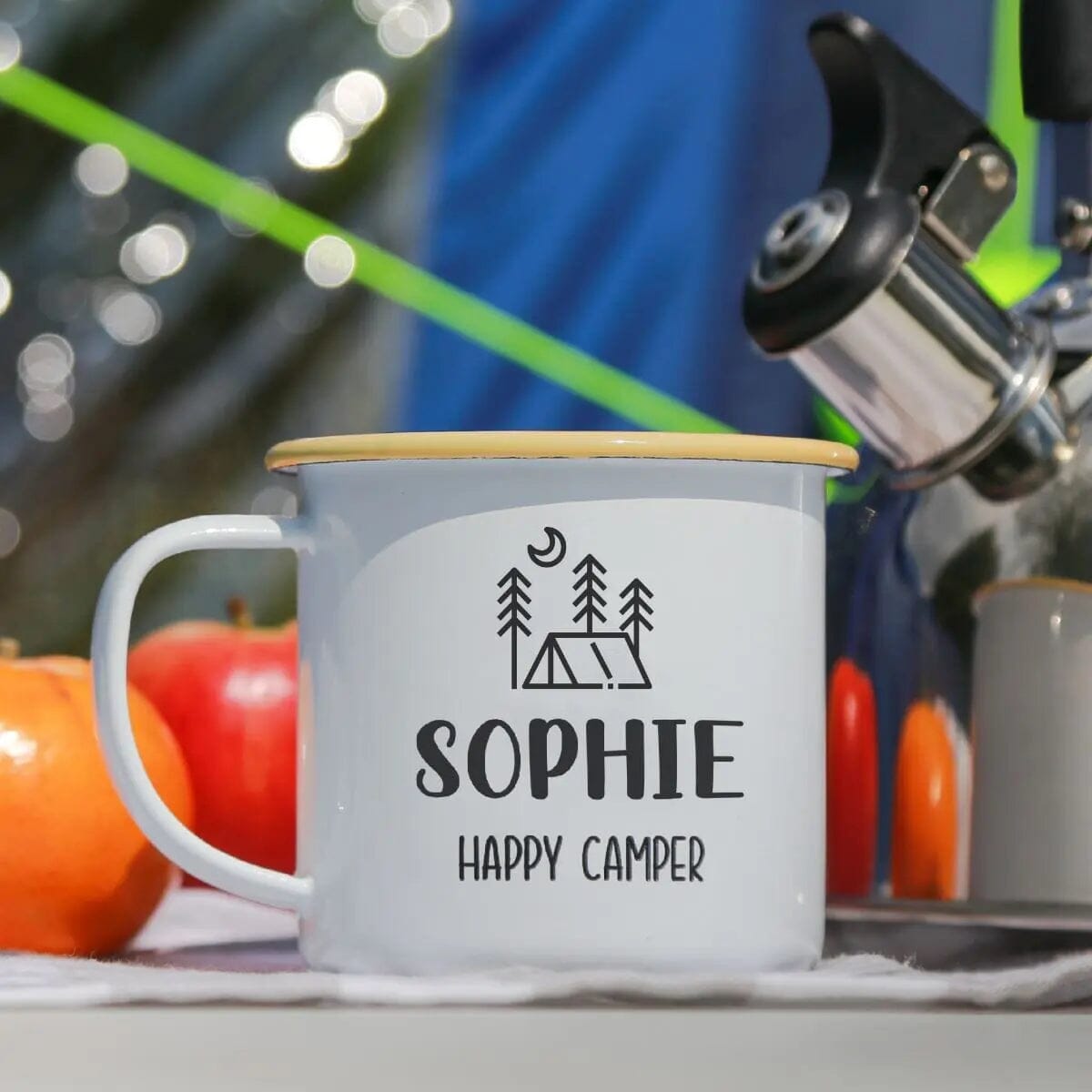 Personalised Happy Camper Enamel Camping Mug - Tent Logo   