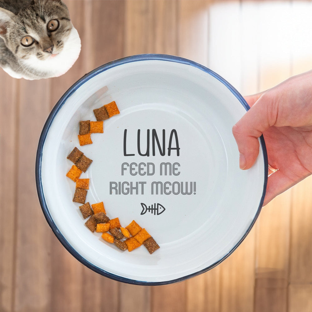 Personalised Enamel Cat Bowl with cat on the floor in the backdrop