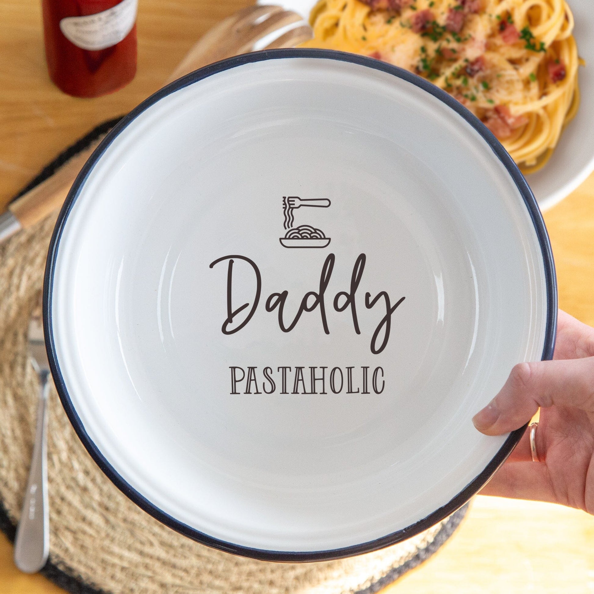 Personalised Enamel Pasta Bowl with dinner table in the backdrop