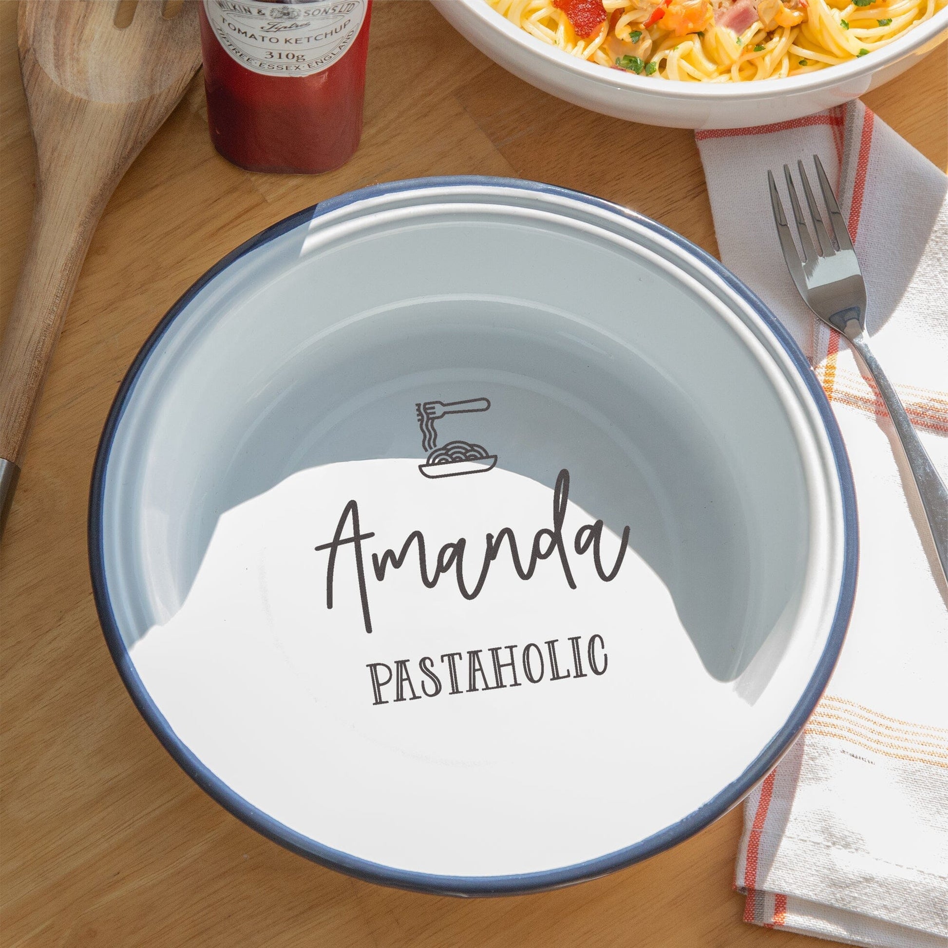 Personalised Enamel Pasta Bowl  on the table