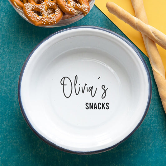 Personalised Enamel Snack Bowl with snacks around