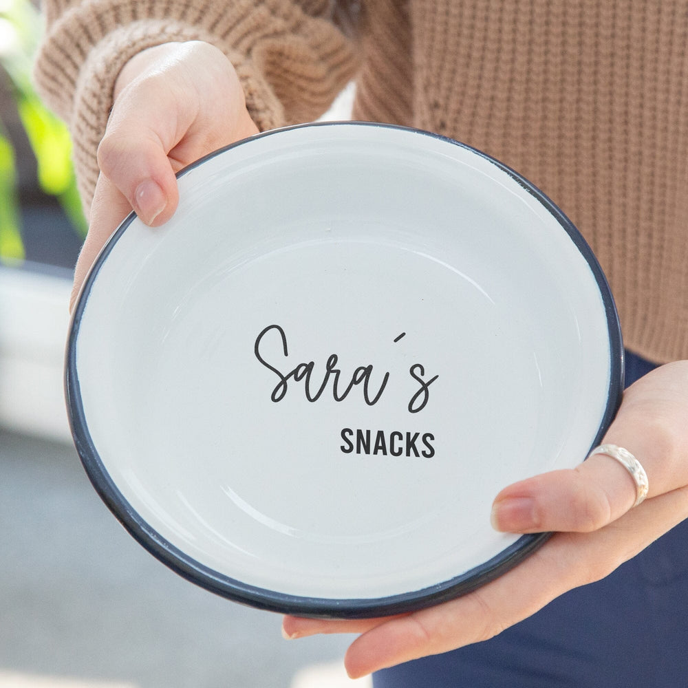 Female model holding the Personalised Enamel Snack Bowl   