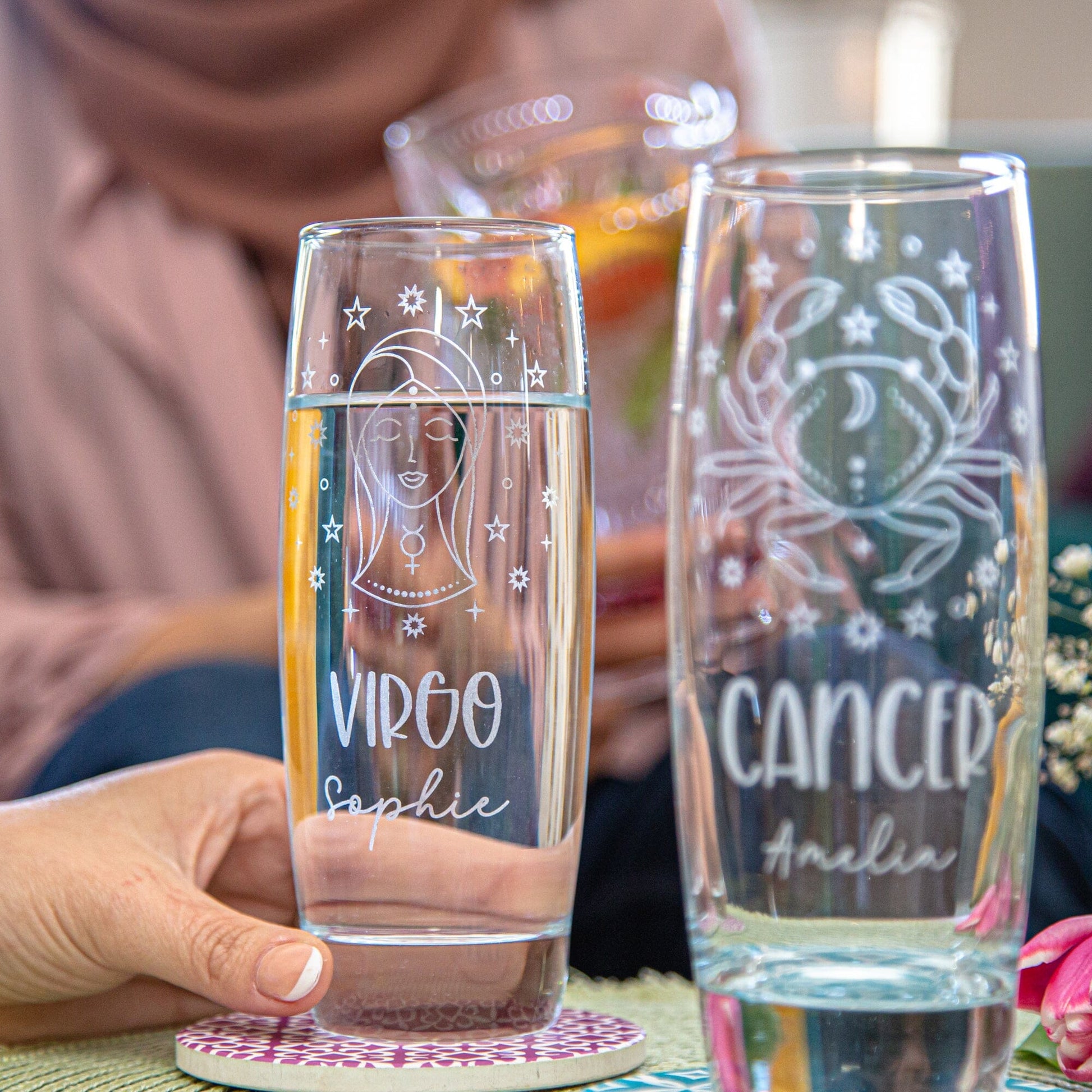 A couple of Hi-Ball glass with Zodiac signs and names engraved