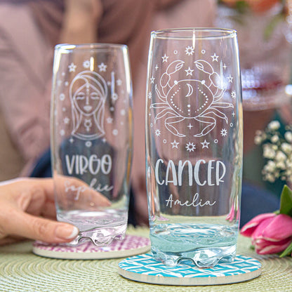 A couple of personalised Hi-Ball glass with Zodiac signs and names engraved