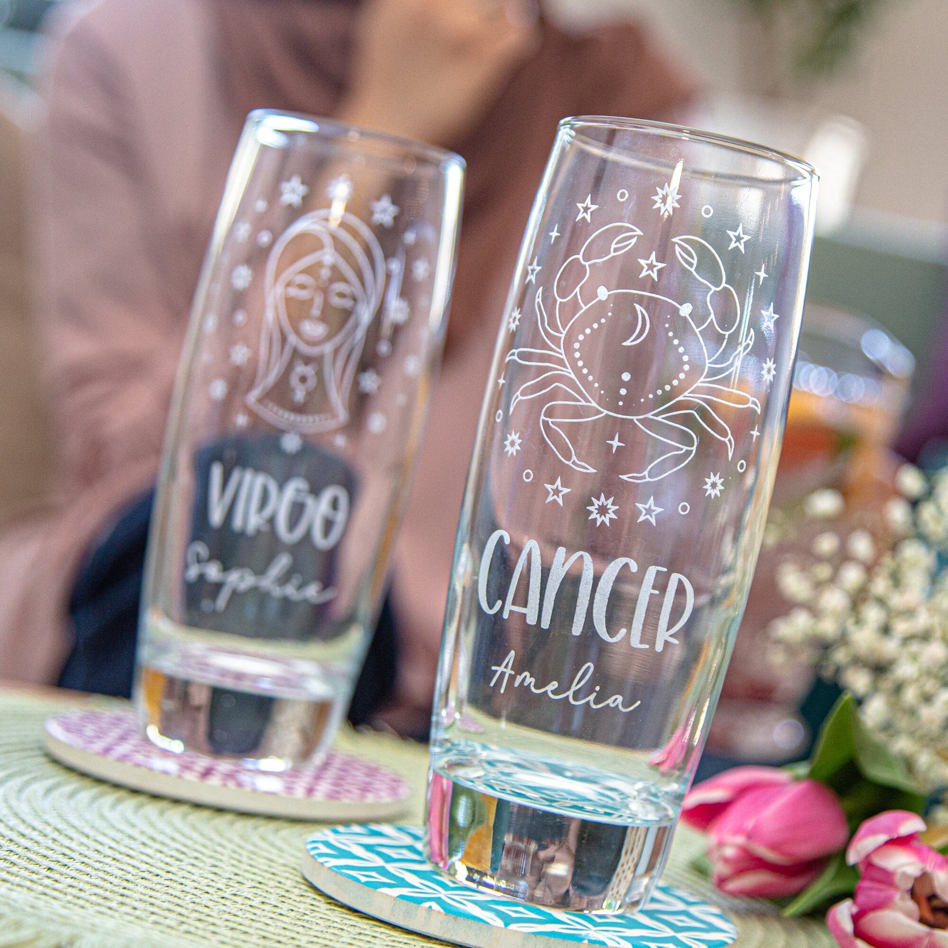 A couple of Hi-Ball glass with Zodiac signs and names engraved