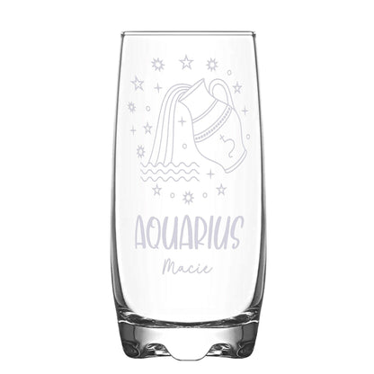 A Personalised Hi-Ball glass with Aquarius Zodiac sign and a name engraved on white backdrop