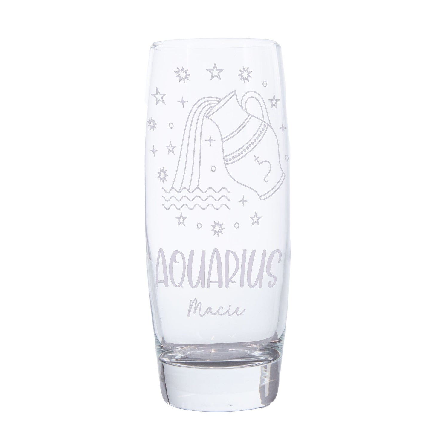 Aquarius Zodiac sign on Hi Ball glass with a name