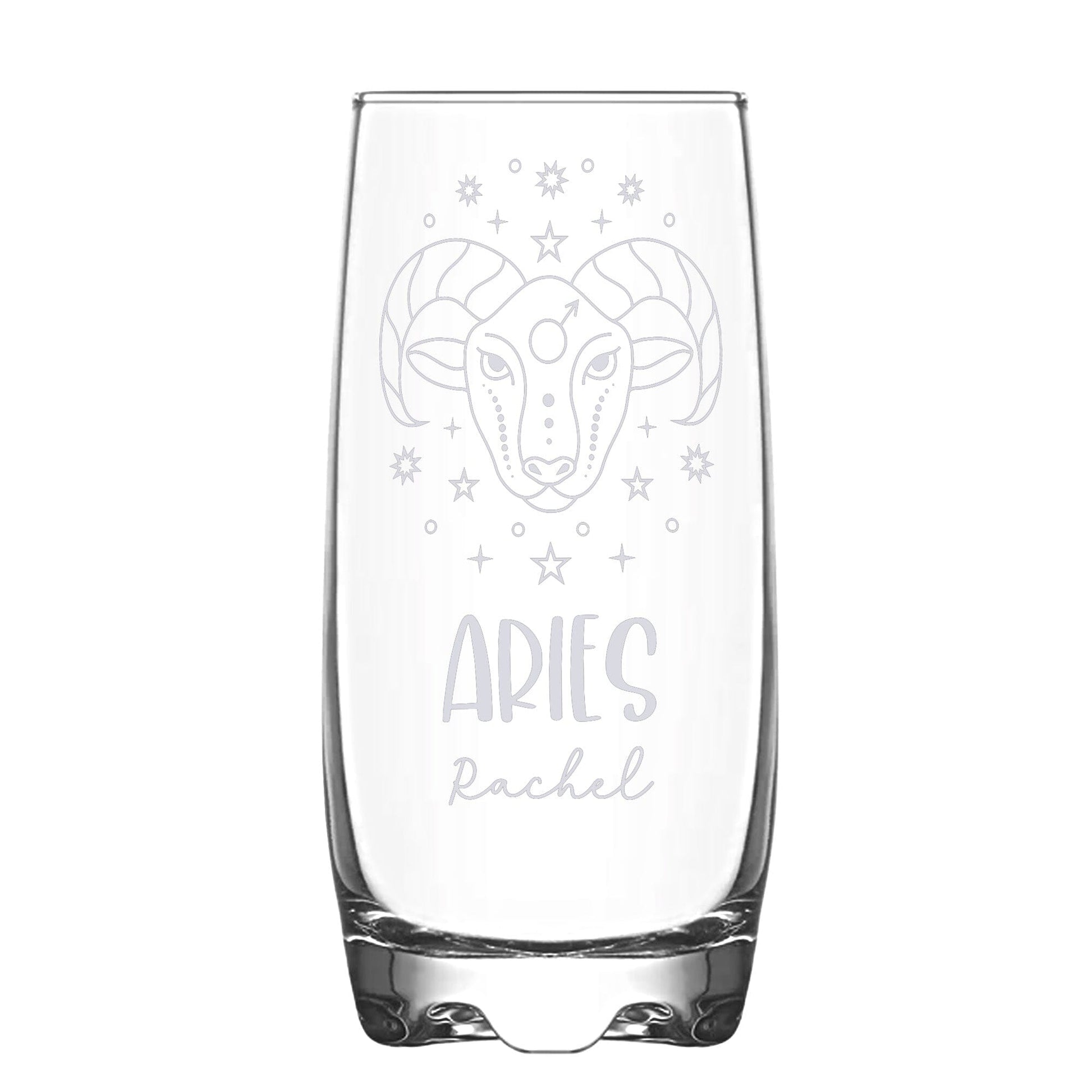 A Personalised Hi-Ball glass with Aries Zodiac sign and a name engraved on white backdrop