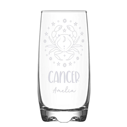 A Personalised Hi-Ball glass with Cancer Zodiac sign and a name engraved on white backdrop