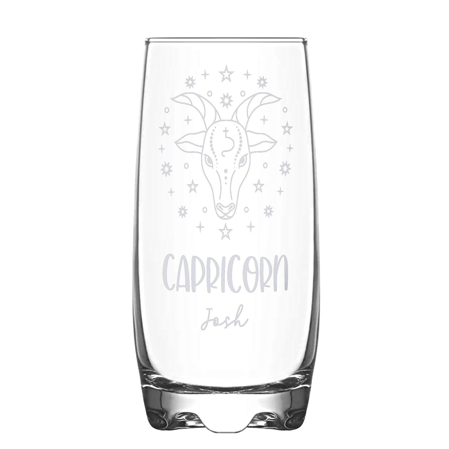 A Personalised Hi-Ball glass with Capricorn Zodiac sign and a name engraved on white backdrop